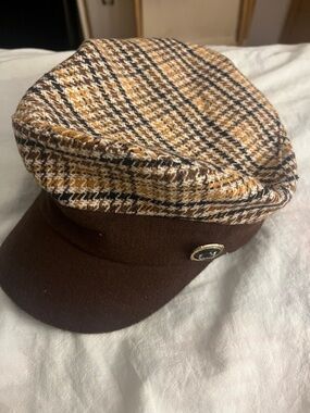 Plaid Wool Baker Boy Cap in Brown and Mustard
